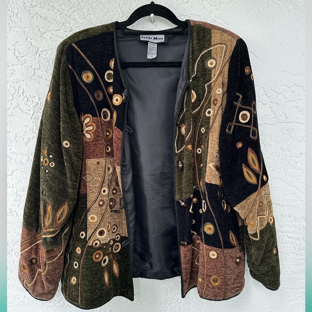 Indigo Moon Embroidered Jacket Metallic Medium Gold Leaves Button Down Lined - Picture 13 of 14